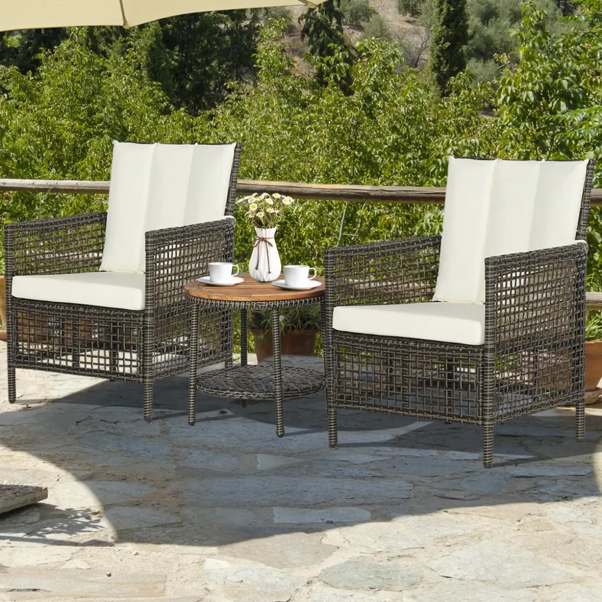 Tangkula 3 Piece Patio Conversation Set, Outdoor Rattan Chair Set W/ 2-Tier Coffee Table (Off White)