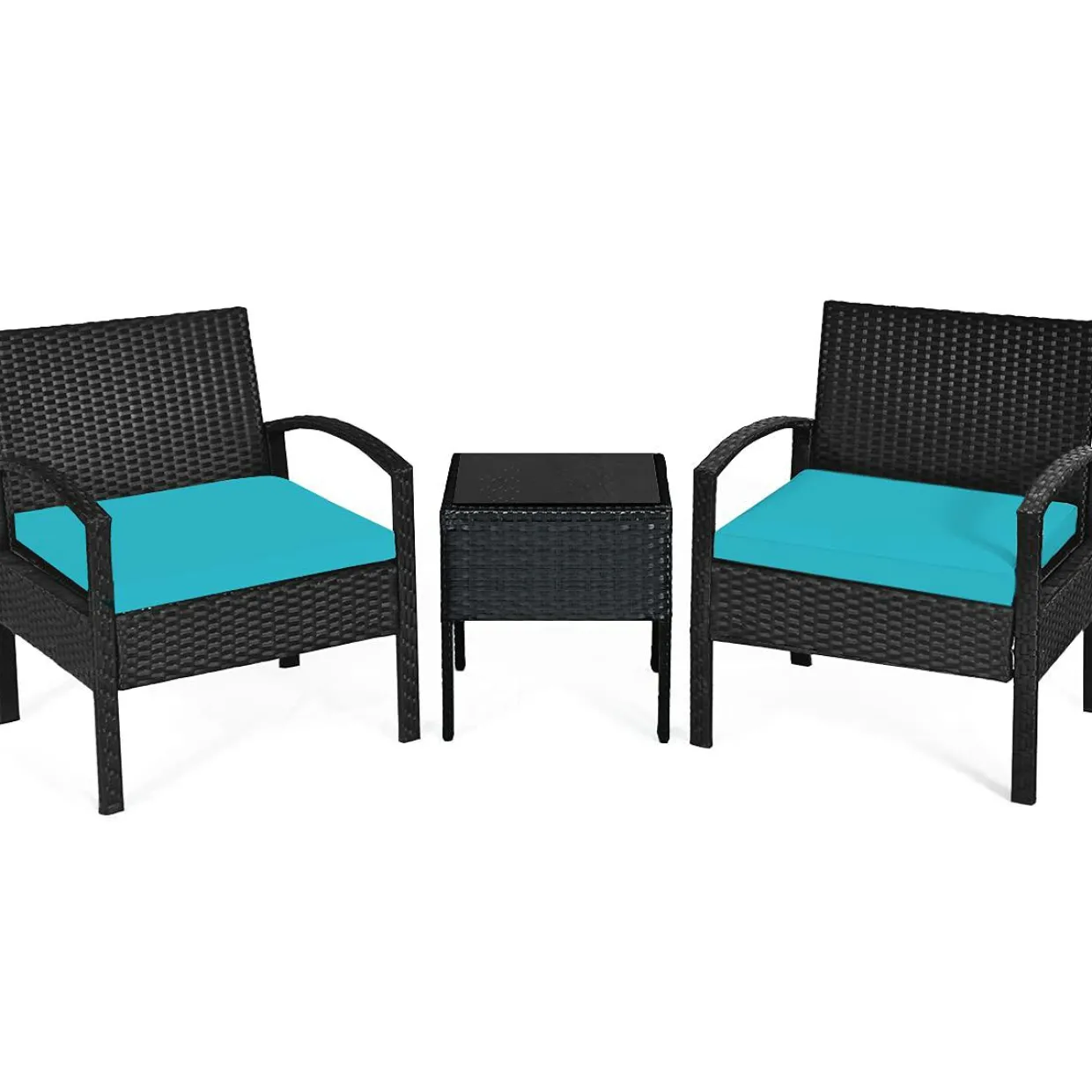 Tangkula 3 Piece Patio Conversation Set, Outdoor Rattan Sofa Set with White Seat Cushions & Coffee Table