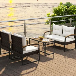 Tangkula 4 Piece Patio Conversation Set, with Heavy Duty Solid Acacia Wood Armrests & Tabletop
