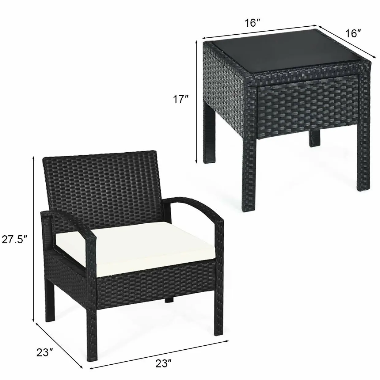 Tangkula 3 Piece Patio Conversation Set, Outdoor Rattan Sofa Set with White Seat Cushions & Coffee Table