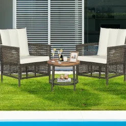 Tangkula 3 Piece Patio Conversation Set, Outdoor Rattan Chair Set W/ 2-Tier Coffee Table (Off White)