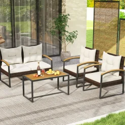 Tangkula 4 Piece Patio Conversation Set, with Heavy Duty Solid Acacia Wood Armrests & Tabletop