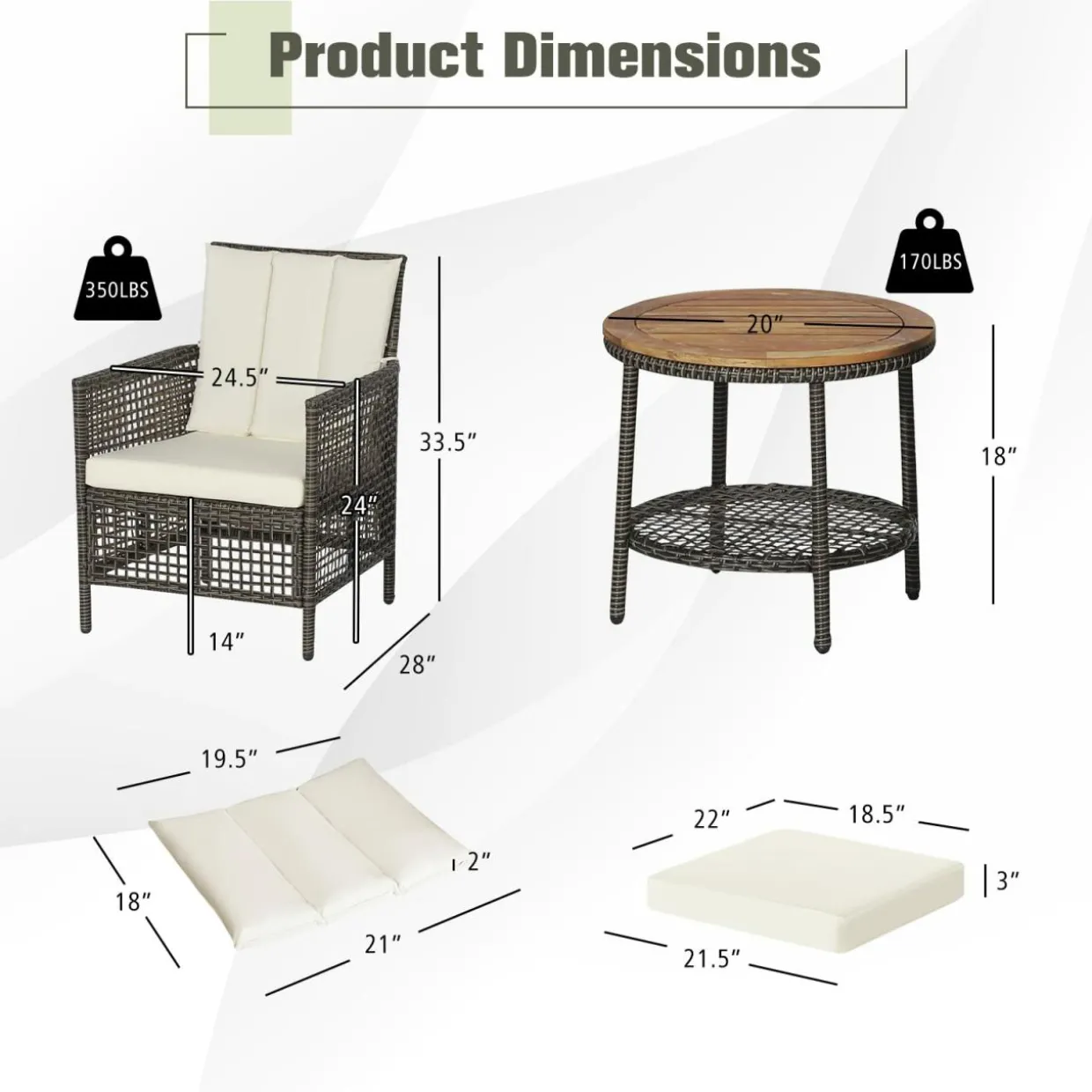 Tangkula 3 Piece Patio Conversation Set, Outdoor Rattan Chair Set W/ 2-Tier Coffee Table (Off White)