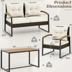 Tangkula 4 Piece Patio Conversation Set, with Heavy Duty Solid Acacia Wood Armrests & Tabletop