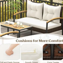 Tangkula 4 Piece Patio Conversation Set, with Heavy Duty Solid Acacia Wood Armrests & Tabletop