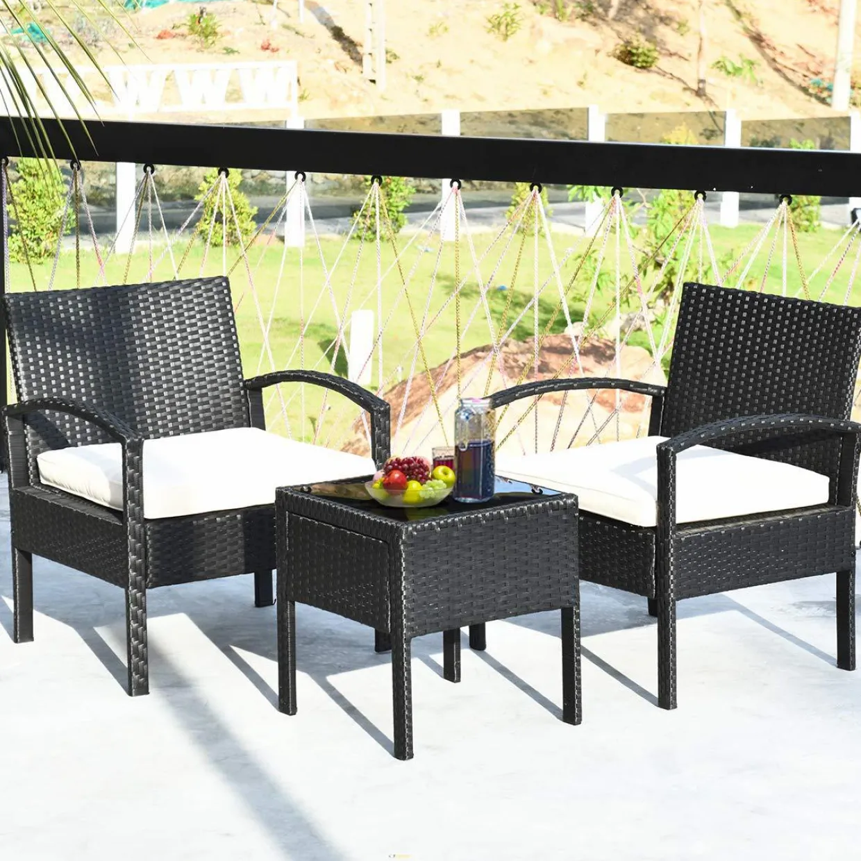 Tangkula 3 Piece Patio Conversation Set, Outdoor Rattan Sofa Set with White Seat Cushions & Coffee Table