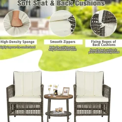 Tangkula 3 Piece Patio Conversation Set, Outdoor Rattan Chair Set W/ 2-Tier Coffee Table (Off White)