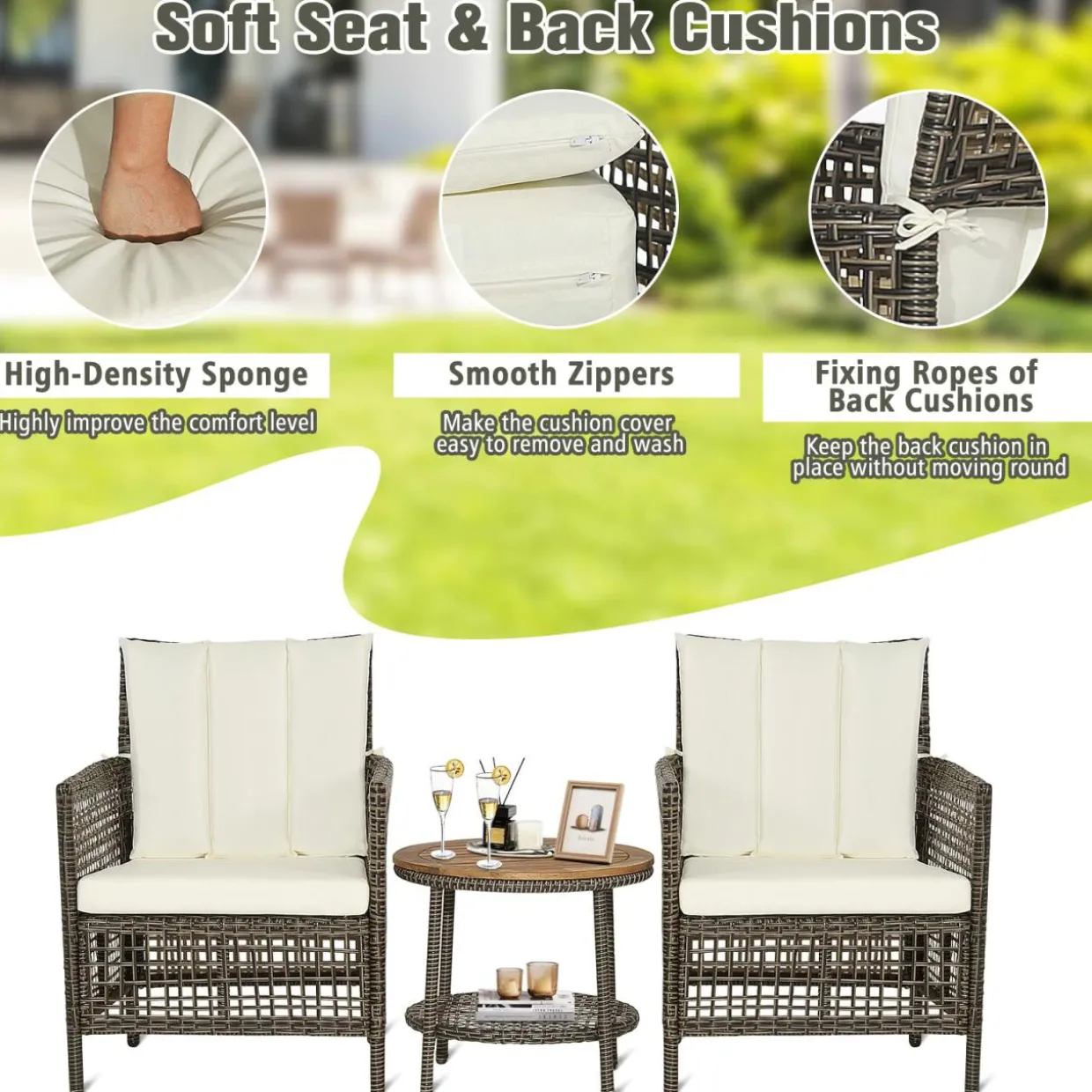 Tangkula 3 Piece Patio Conversation Set, Outdoor Rattan Chair Set W/ 2-Tier Coffee Table (Off White)