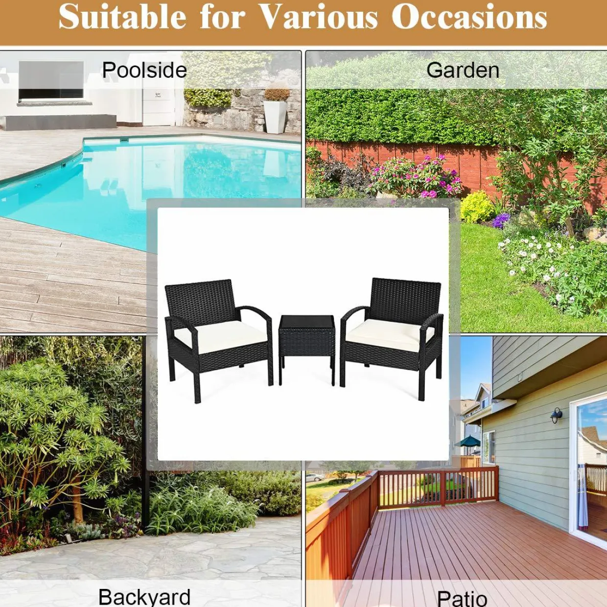 Tangkula 3 Piece Patio Conversation Set, Outdoor Rattan Sofa Set with White Seat Cushions & Coffee Table