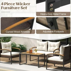 Tangkula 4 Piece Patio Conversation Set, with Heavy Duty Solid Acacia Wood Armrests & Tabletop