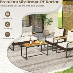 Tangkula 4 Piece Patio Conversation Set, with Heavy Duty Solid Acacia Wood Armrests & Tabletop