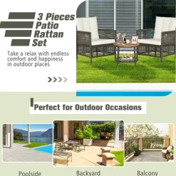 Tangkula 3 Piece Patio Conversation Set, Outdoor Rattan Chair Set W/ 2-Tier Coffee Table (Off White)