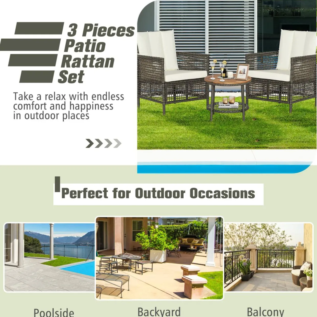Tangkula 3 Piece Patio Conversation Set, Outdoor Rattan Chair Set W/ 2-Tier Coffee Table (Off White)
