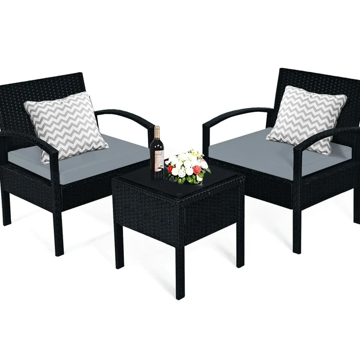 Tangkula 3 Piece Patio Conversation Set, Outdoor Rattan Sofa Set with White Seat Cushions & Coffee Table