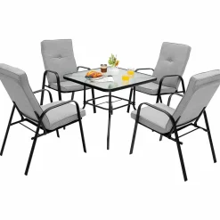 Tangkula 5 Piece Patio Dining Set, Outdoor 35 Inches Square Tempered Glass Table