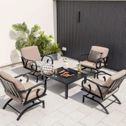 Tangkula 5 Piece Patio Dining Set, Heavy-Duty Rocking Chairs with 4-in-1 Fire Pit Table