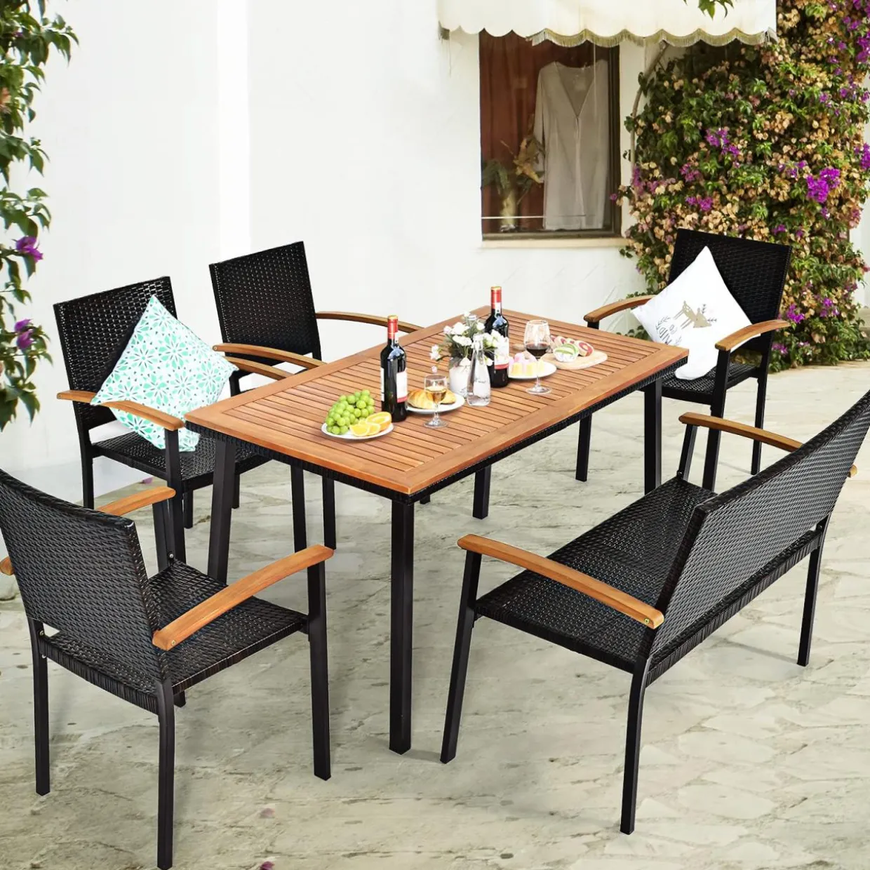 Tangkula 6 Piece Patio Dining Set, Outdoor Acacia Wood Dining Furniture w/Acacia Wood Table Top