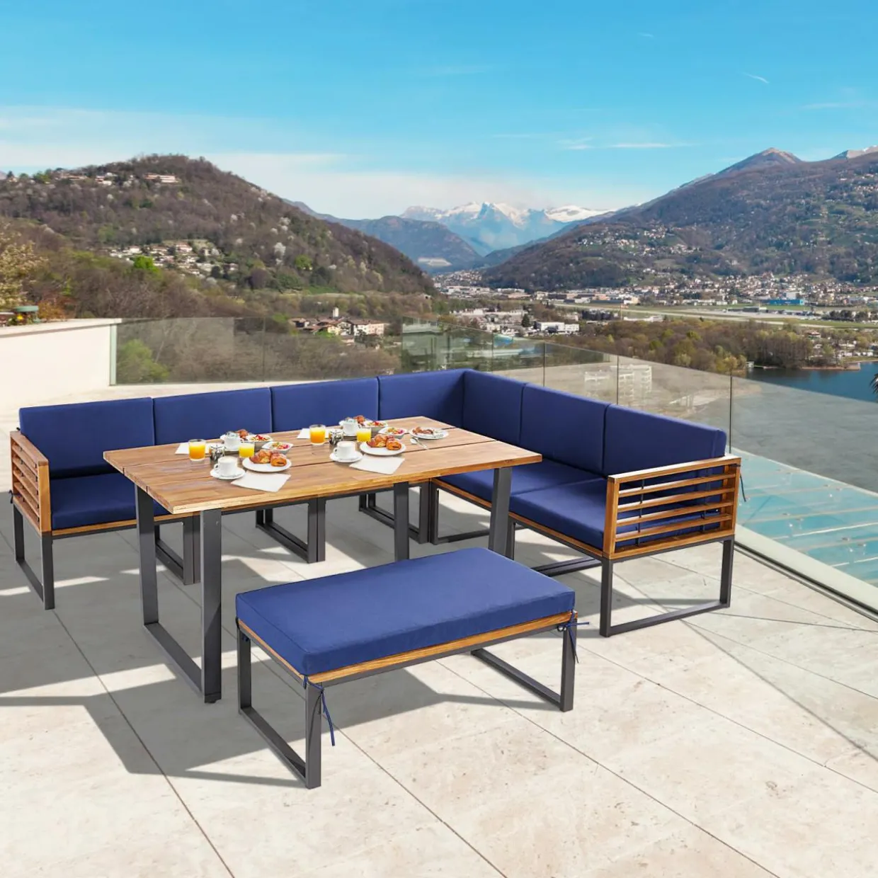 Tangkula 8 Piece Patio Dining Set, Acacia Wood Conversation Sofa Set