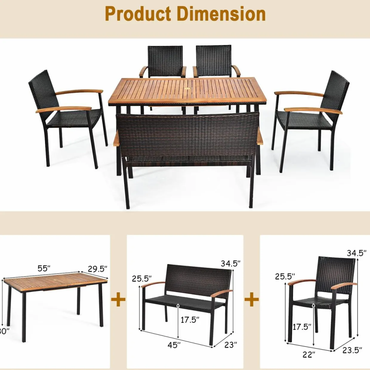 Tangkula 6 Piece Patio Dining Set, Outdoor Acacia Wood Dining Furniture w/Acacia Wood Table Top