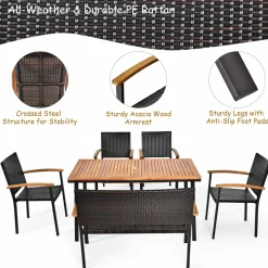 Tangkula 6 Piece Patio Dining Set, Outdoor Acacia Wood Dining Furniture w/Acacia Wood Table Top