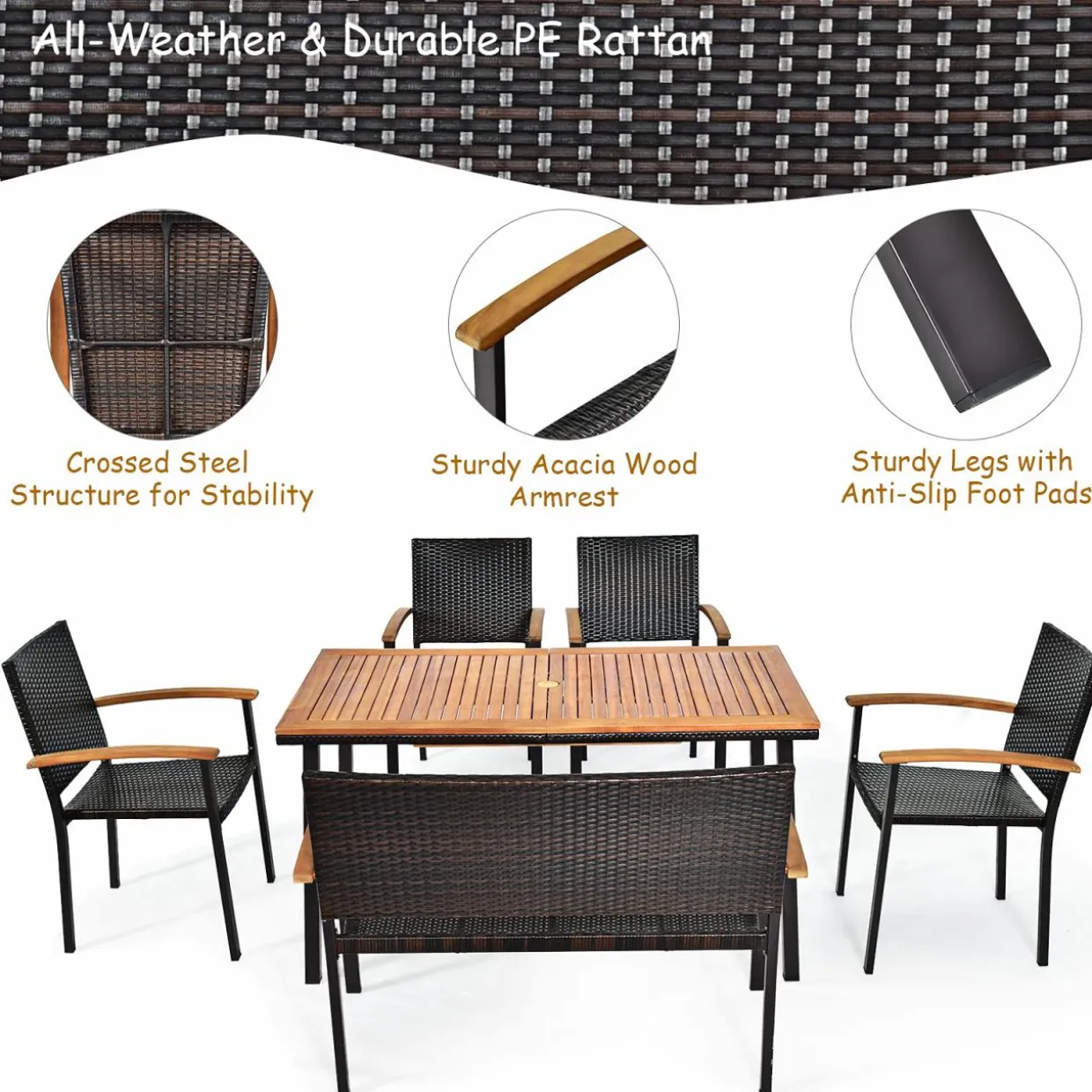 Tangkula 6 Piece Patio Dining Set, Outdoor Acacia Wood Dining Furniture w/Acacia Wood Table Top