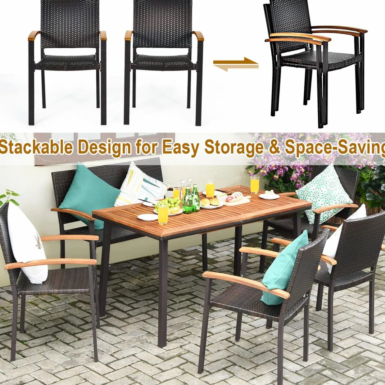 Tangkula 6 Piece Patio Dining Set, Outdoor Acacia Wood Dining Furniture w/Acacia Wood Table Top