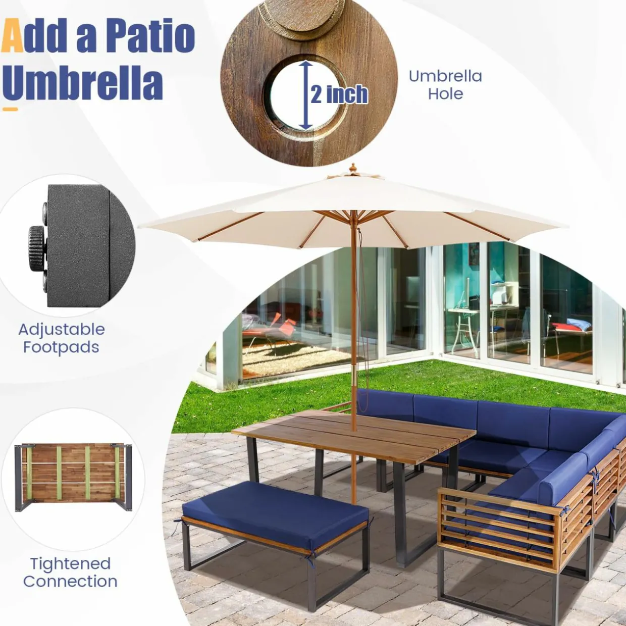 Tangkula 8 Piece Patio Dining Set, Acacia Wood Conversation Sofa Set