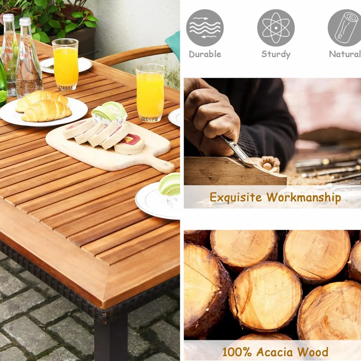 Tangkula 6 Piece Patio Dining Set, Outdoor Acacia Wood Dining Furniture w/Acacia Wood Table Top