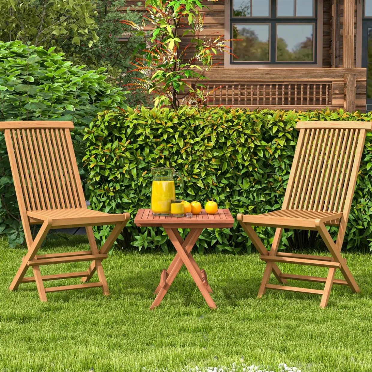 Tangkula 2 Piece Patio Folding Chair, Sturdy Teak High-Back Chair with Slatted Design