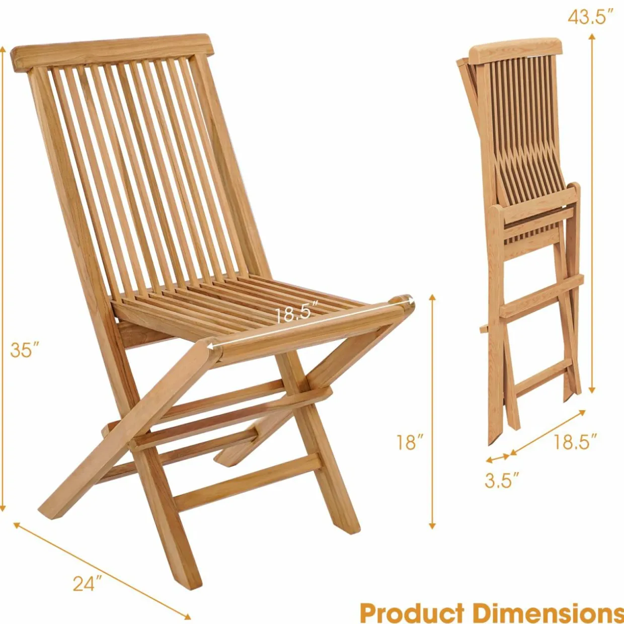 Tangkula 2 Piece Patio Folding Chair, Sturdy Teak High-Back Chair with Slatted Design