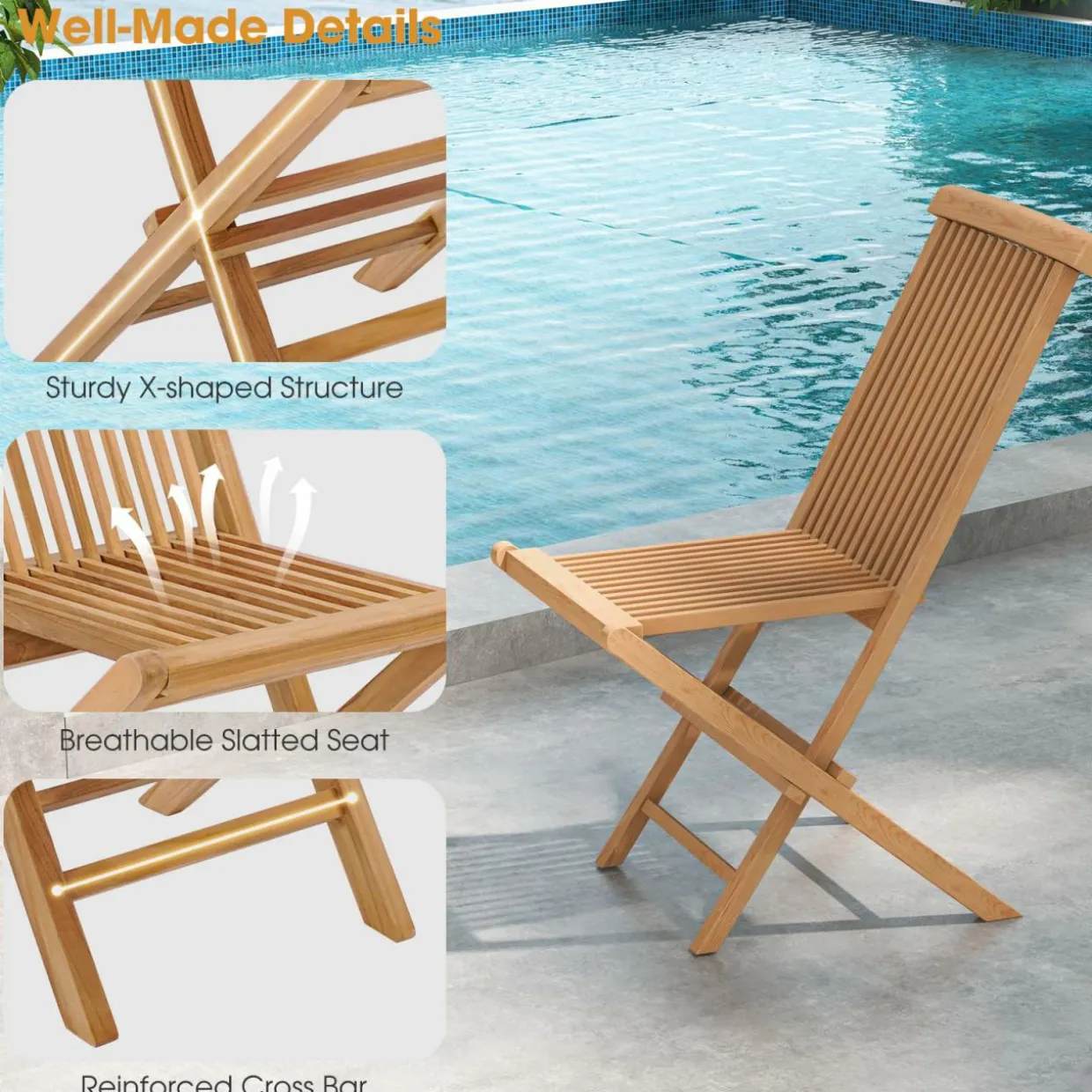 Tangkula 2 Piece Patio Folding Chair, Sturdy Teak High-Back Chair with Slatted Design