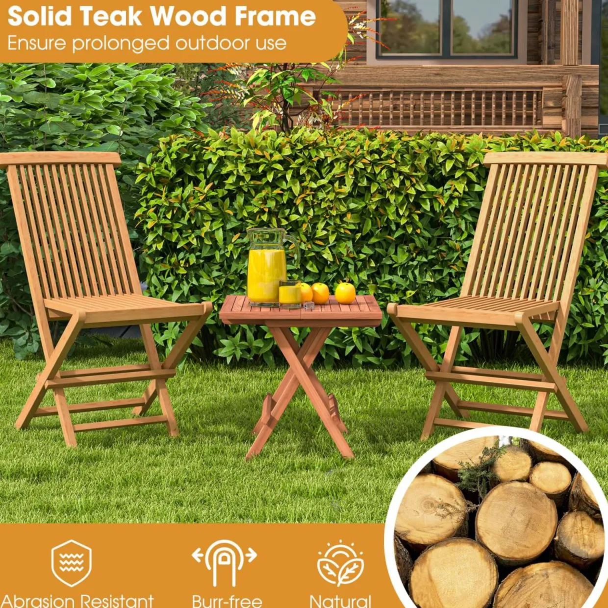 Tangkula 2 Piece Patio Folding Chair, Sturdy Teak High-Back Chair with Slatted Design