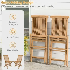 Tangkula 2 Piece Patio Folding Chair, Sturdy Teak High-Back Chair with Slatted Design