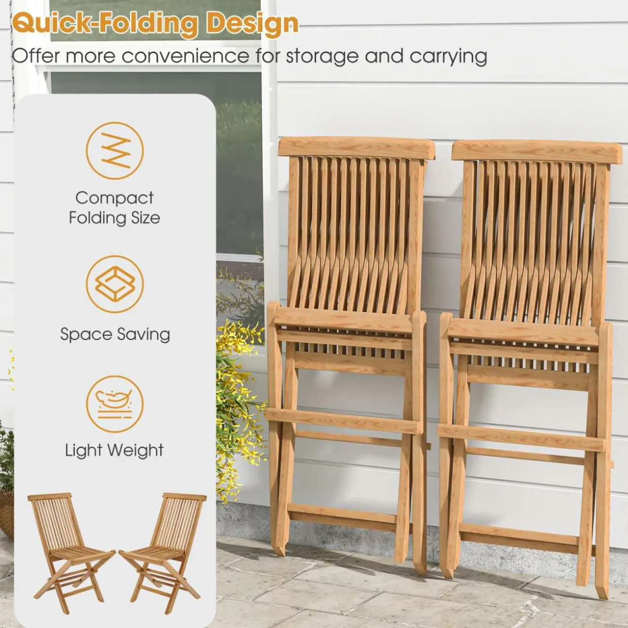 Tangkula 2 Piece Patio Folding Chair, Sturdy Teak High-Back Chair with Slatted Design