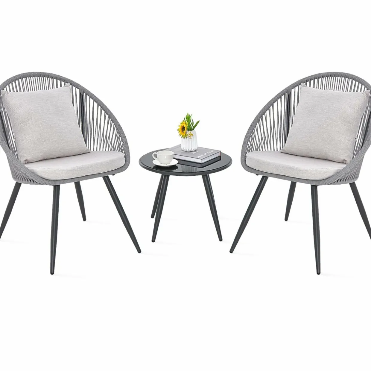 Tangkula 3 Piece Patio Furniture Set, Balcony Chair Set with Seat & Back Cushions, Tempered Glass Tabletop (Gray)