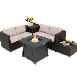 Tangkula 5 Piece Patio Furniture Set with 50,000 BTU Propane Fire Pit Table, Outdoor Wicker Conversation Set