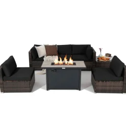 Tangkula 7 Piece Patio Furniture Set with Fire Pit Table, Includes 42 Inches 60,000 BTU Propane Rectangle Fire Pit Table