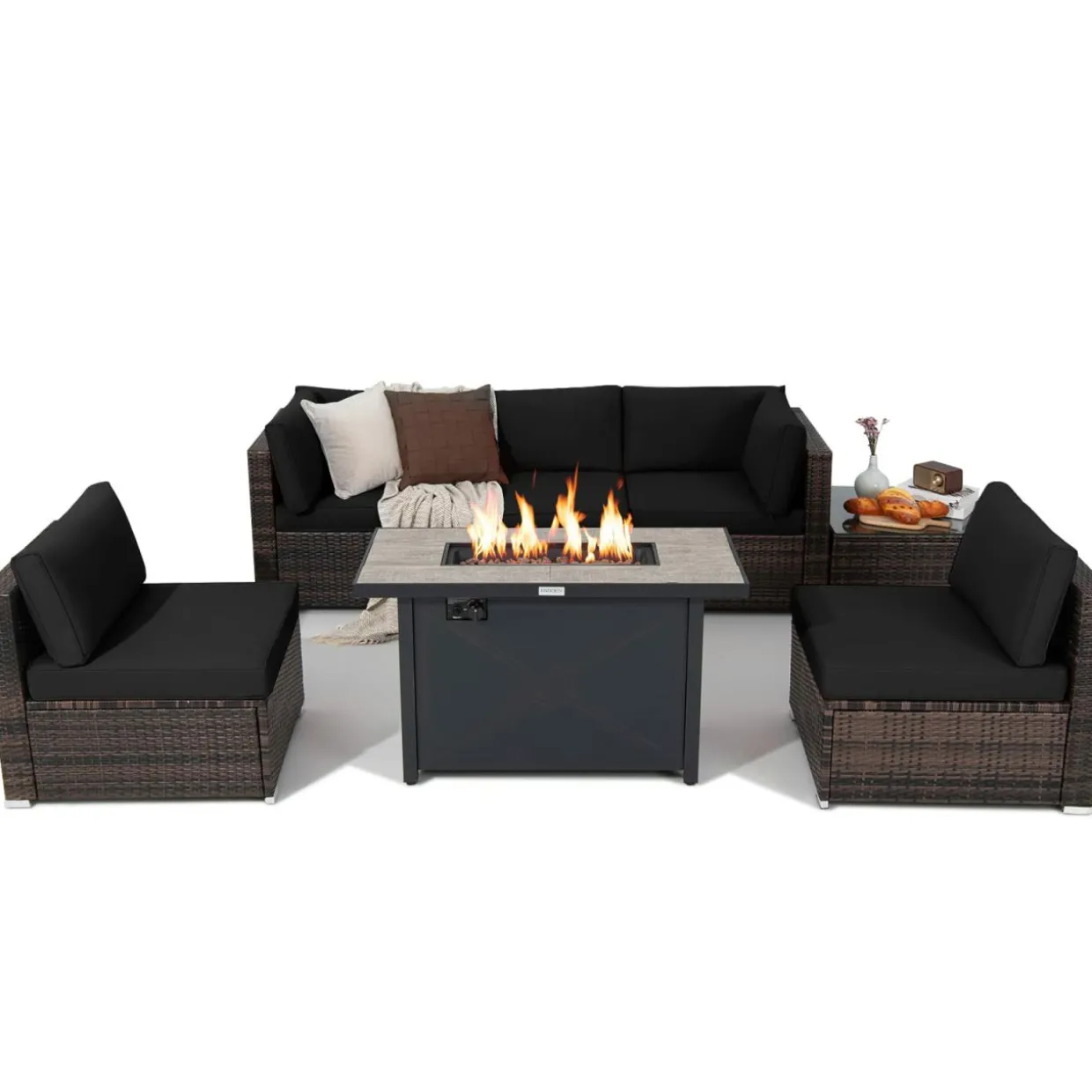 Tangkula 7 Piece Patio Furniture Set with Fire Pit Table, Includes 42 Inches 60,000 BTU Propane Rectangle Fire Pit Table