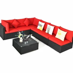 Tangkula 7 Piece Patio Furniture Set, Outdoor Sectional Sofa w/Pillows and Cushions, Wicker Sofa Conversation Set with Coffee Table