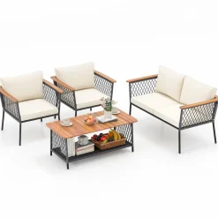 Tangkula 4 Piece Patio Furniture Set, Patiojoy Rattan Chair Set w/ 2-Tier Coffee Table