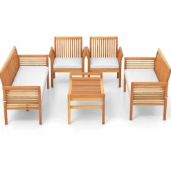Tangkula 5 Piece Patio Furniture Set, Acacia Wood Conversation Set with 3-Seat Bench, Loveseat