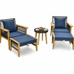 Tangkula 5 Piece Patio Furniture Set, Patiojoy Wicker Chair Set with Coffee Table & 2 Ottomans (Navy)