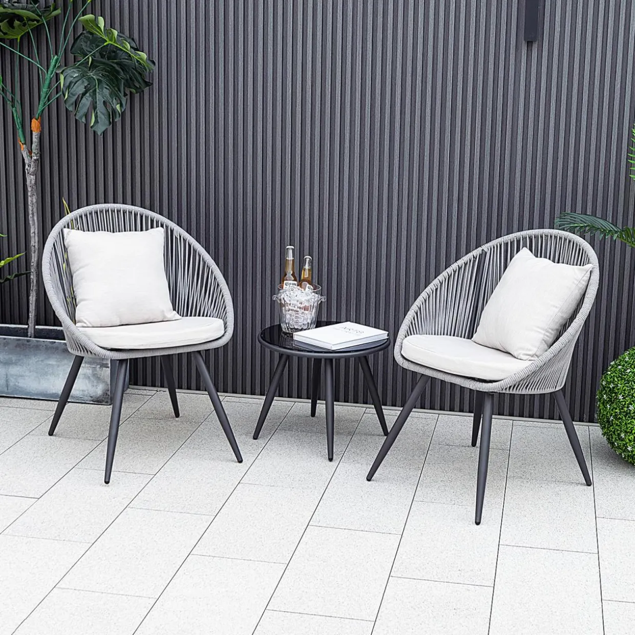 Tangkula 3 Piece Patio Furniture Set, Balcony Chair Set with Seat & Back Cushions, Tempered Glass Tabletop (Gray)