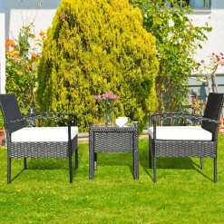 Tangkula 3 Piece Patio Furniture Set with 2 Cushioned Chairs & End Table, Black