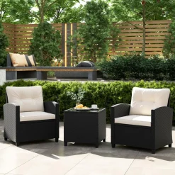 Tangkula 3 Piece Patio Furniture Set, Rattan Conversation Set w/Soft Seat & Back Cushions