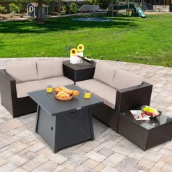 Tangkula 5 Piece Patio Furniture Set with 50,000 BTU Propane Fire Pit Table, Outdoor Wicker Conversation Set