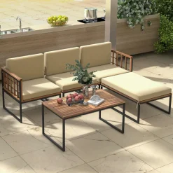 Tangkula 5 Piece Patio Furniture Set, Acacia Wood Sectional Set with Heavy-Duty Metal Frame, Comfy Seat & Back Cushions