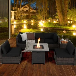 Tangkula 7 Piece Patio Furniture Set with Fire Pit Table, 30 Inches 50,000 BTU Propane Fire Pit Table