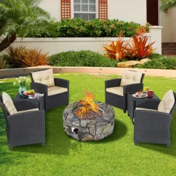 Tangkula 7 Piece Patio Furniture Set with 40,000BTU Propane Fire Pit Table (Brown)