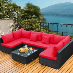 Tangkula 7 Piece Patio Furniture Set, Outdoor Sectional Sofa w/Pillows and Cushions, Wicker Sofa Conversation Set with Coffee Table